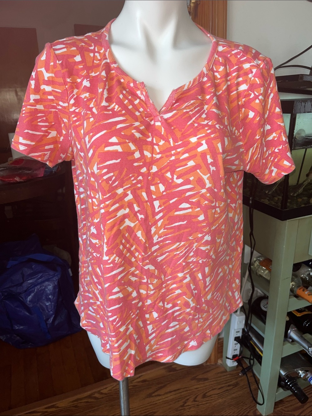 Chico's Pink and Orange Abstract Short Sleeve Tee